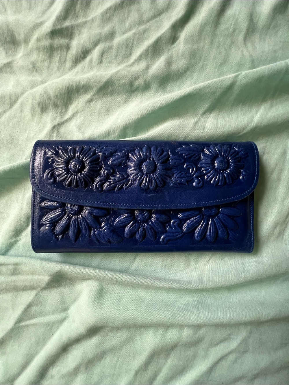 Blue Floral Embossed Leather Clutch Wallet